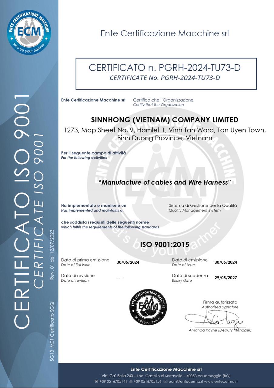 SINNHONG Vietnam Company Achieves ISO 9001 Certification for Excellence in Quality Management